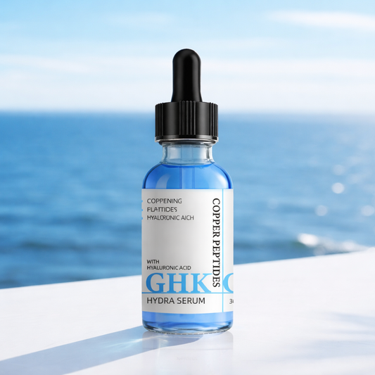 Bottle of Novera GHK-Cu copper peptides hydra serum with a dropper against a blue ocean background