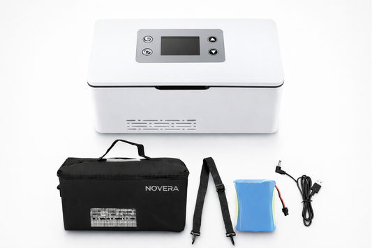 NOVERA mini fridge precision cooler with accessories on a white background