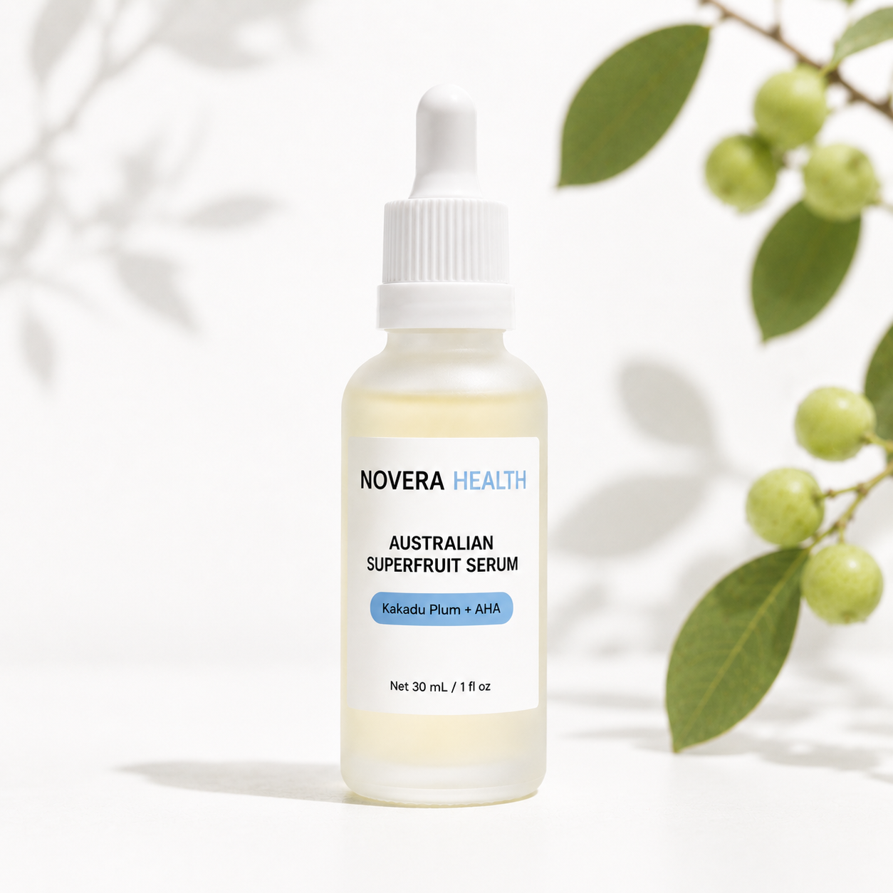 Novera Health Australian Superfruit Serum bottle, Kakadu Plum AHA exfoliating serum product photo