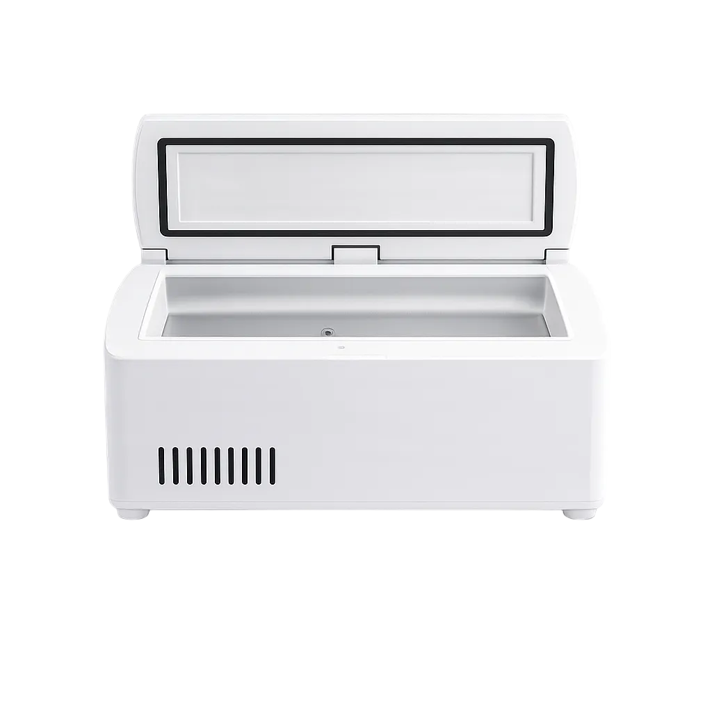 White Novera Health mini fridge precision cooler with open door on a white background