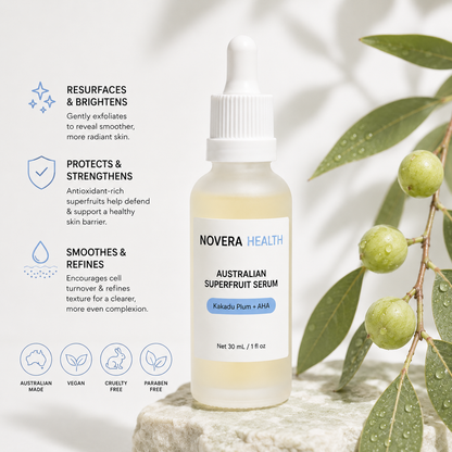 A bottle of NOVERA HEALTH Australian Superfruit Serum stands on a stone surface beside green olivaceous leaves. Text on the left lists benefits: resurfaces and brightens, protects and strengthens, and smooths and refines.