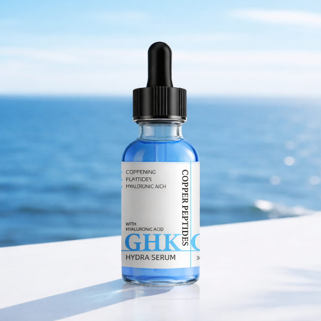 Bottle of Novera GHK-Cu copper peptides hydra serum with a dropper against a blue ocean background