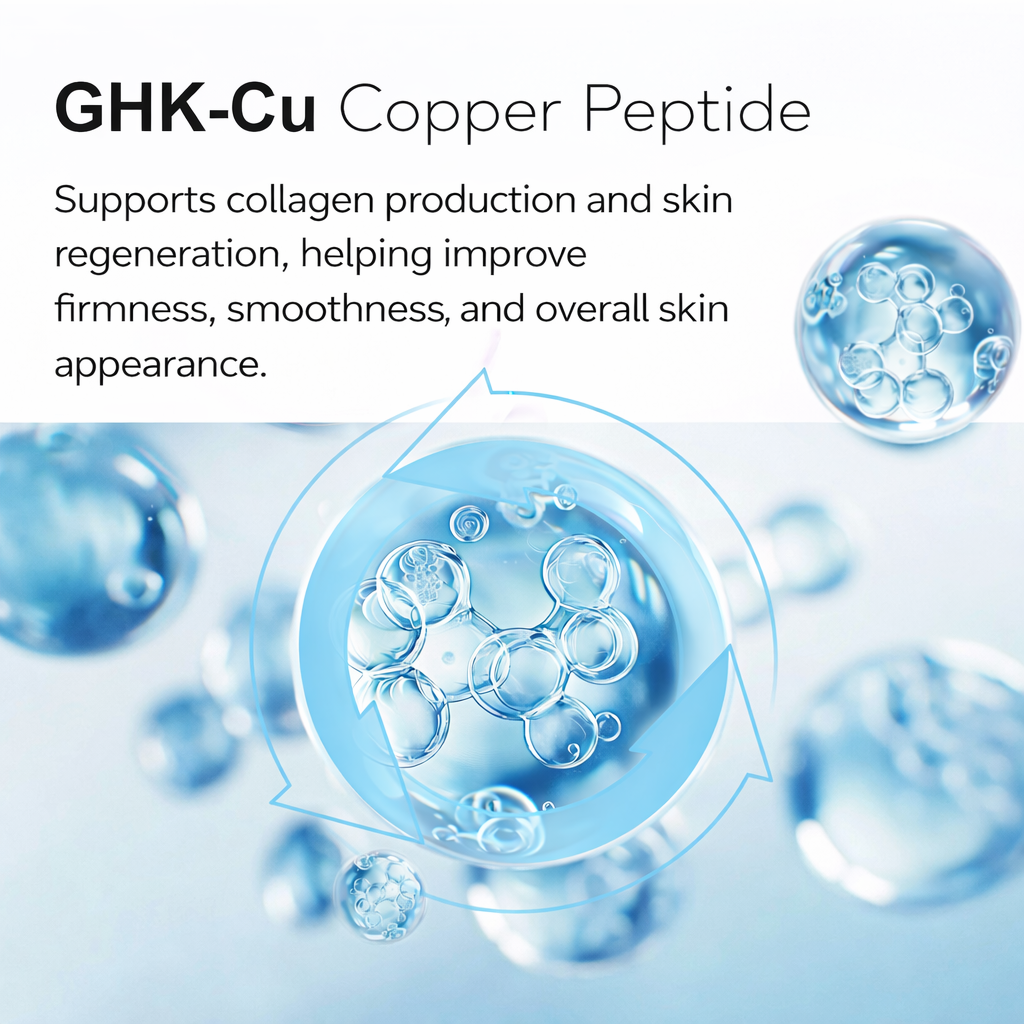 GHK-Cu Copper Peptide face serum with molecular structure and water droplets on a light blue background.