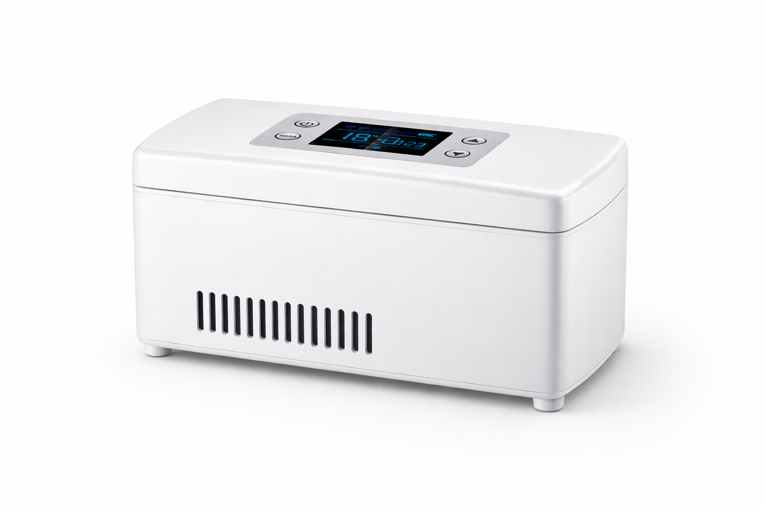 White mini fridge cooler with digital display on a white background