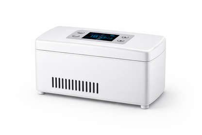 White mini fridge cooler with digital display on a white background