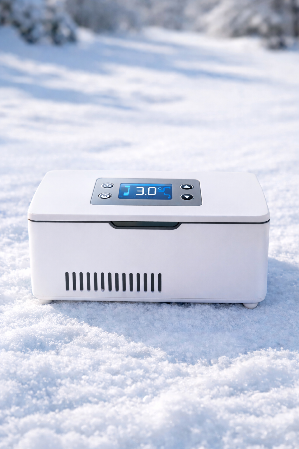 White mini fridge peptide cooler device with digital display on a snowy surface
