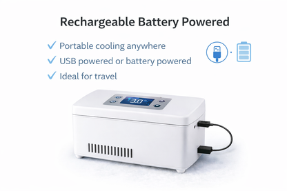 Portable cooling device with rechargeable battery power on a white background
