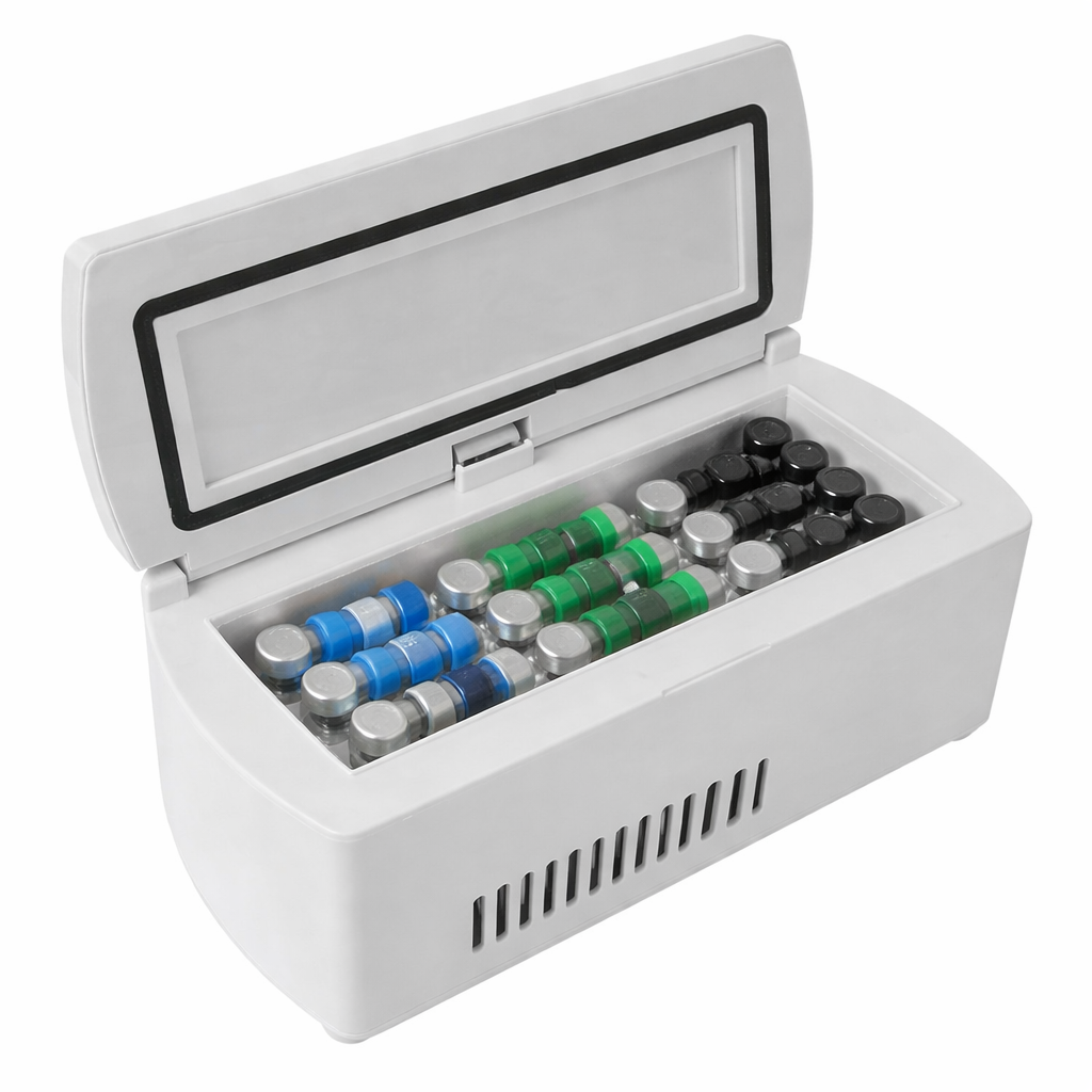 Small white cooler with open lid displaying various vials inside on a white background
