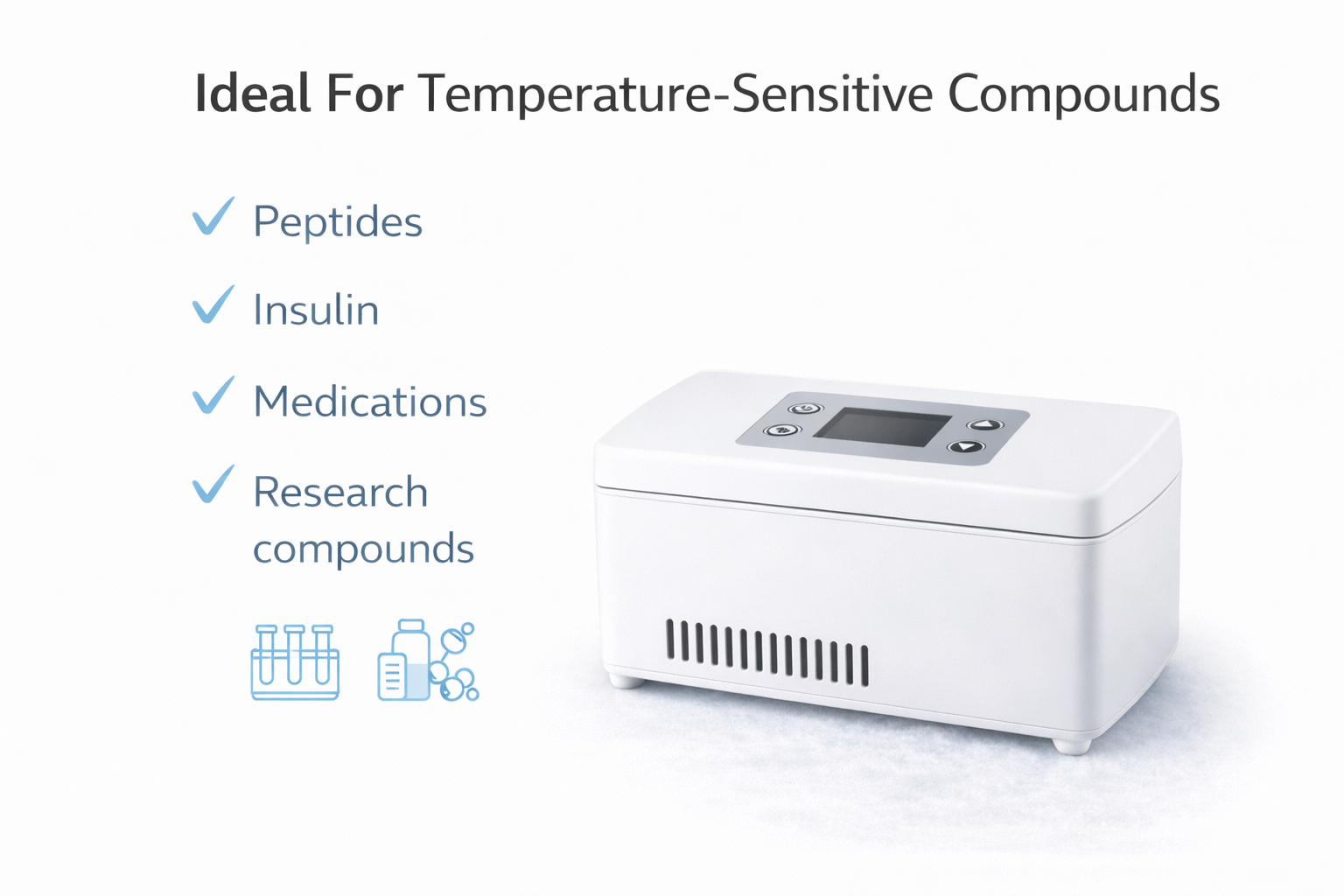 White temperature-controlled container with text listing compounds suitable for it on a white background