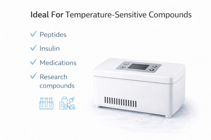 White temperature-controlled container with text listing compounds suitable for it on a white background