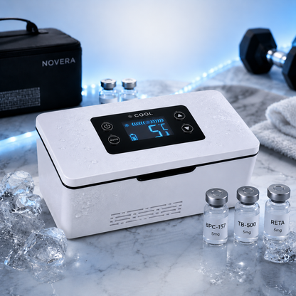 Novera Precision Cooler compact top-opening design — portable mini fridge for peptides and skincare