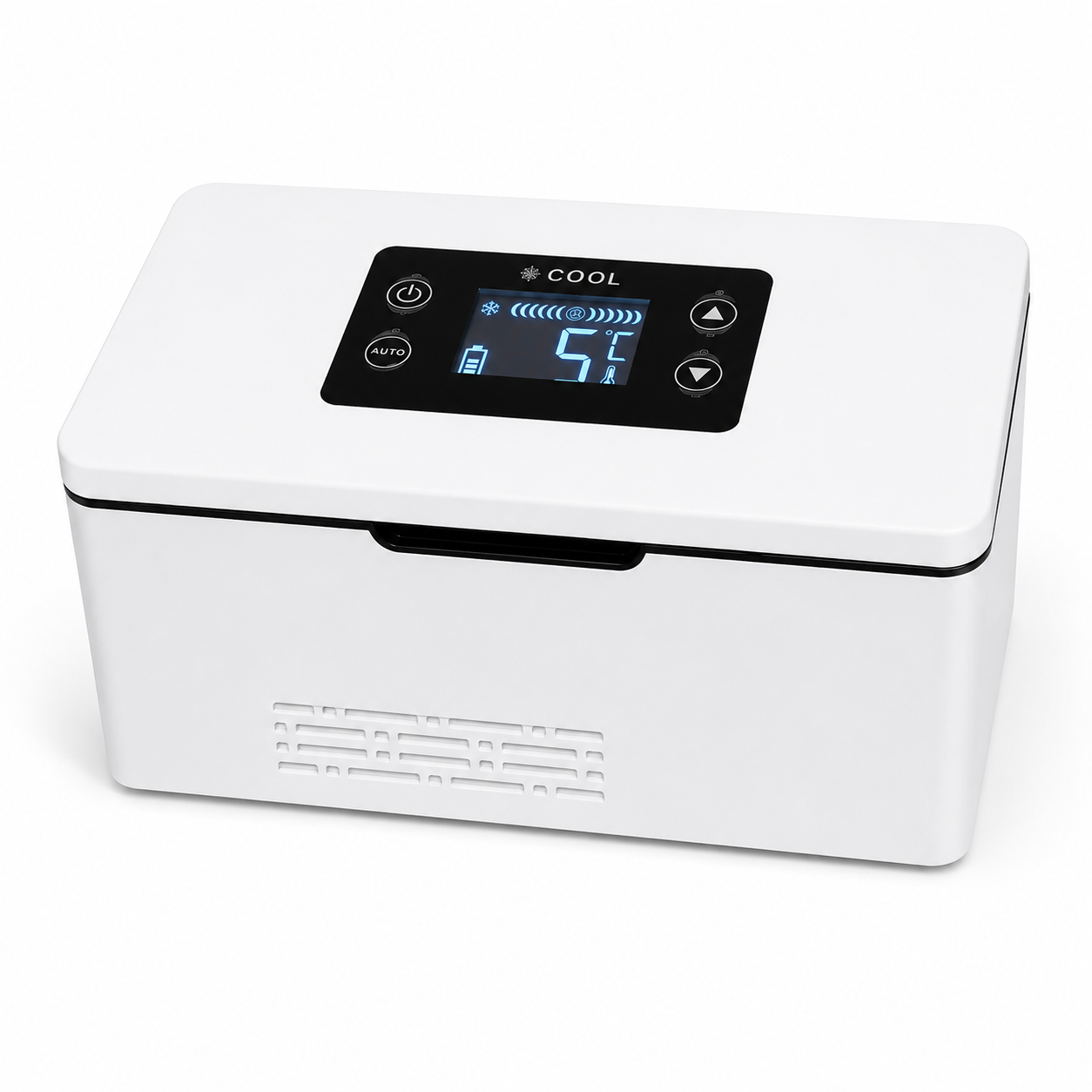 Novera Precision Cooler with lid closed, internal storage capacity for vials and serums
