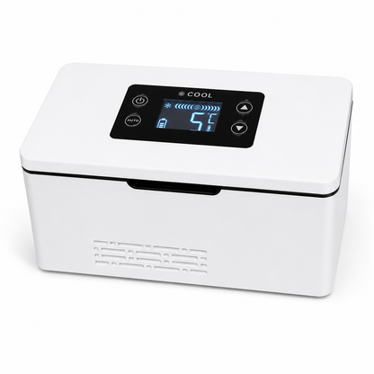 Novera Precision Cooler with lid closed, internal storage capacity for vials and serums