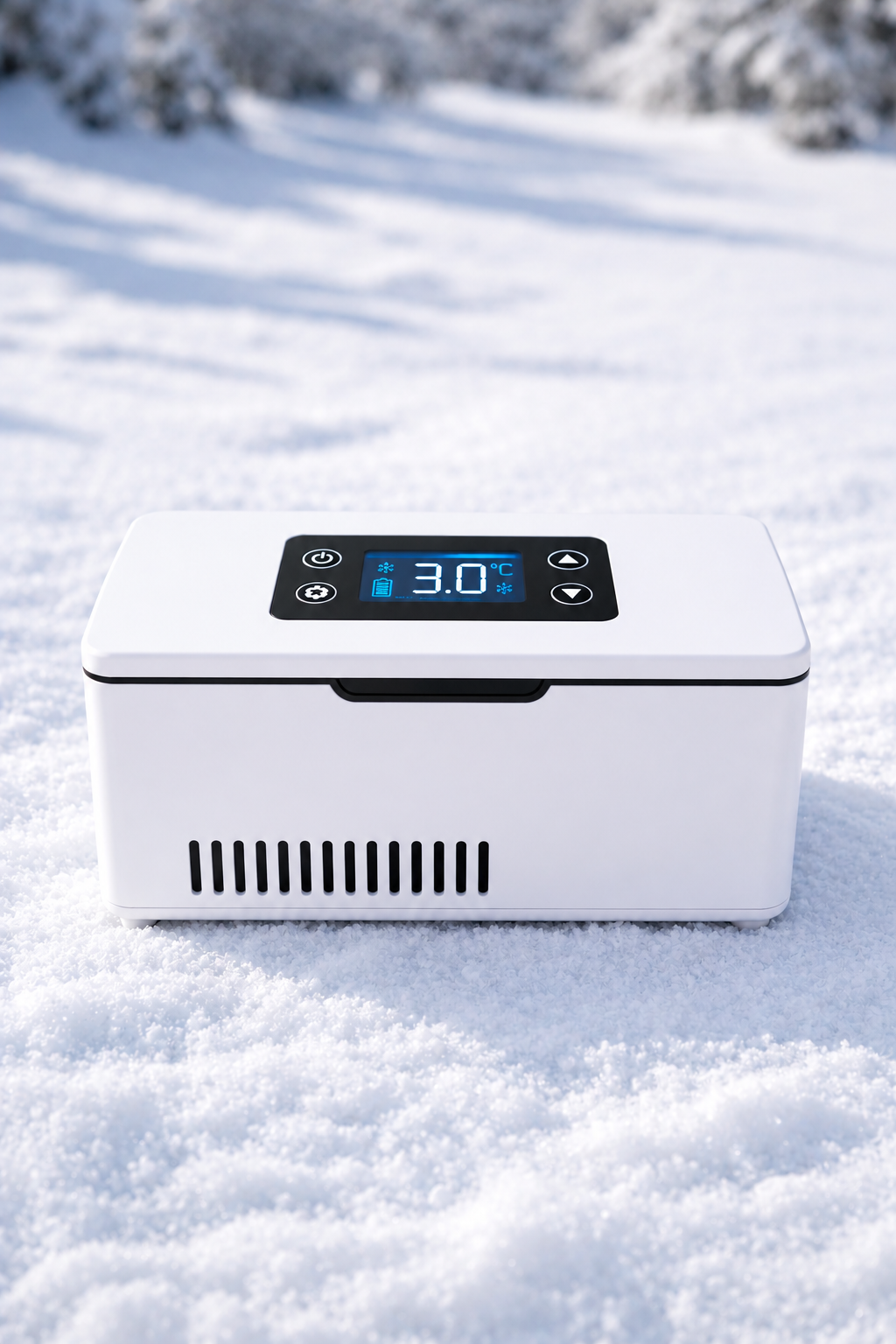 A white portable digital heating pad or incubator with a black control panel displaying 3.0 degrees Celsius, placed outdoors on a bed of fresh snow.