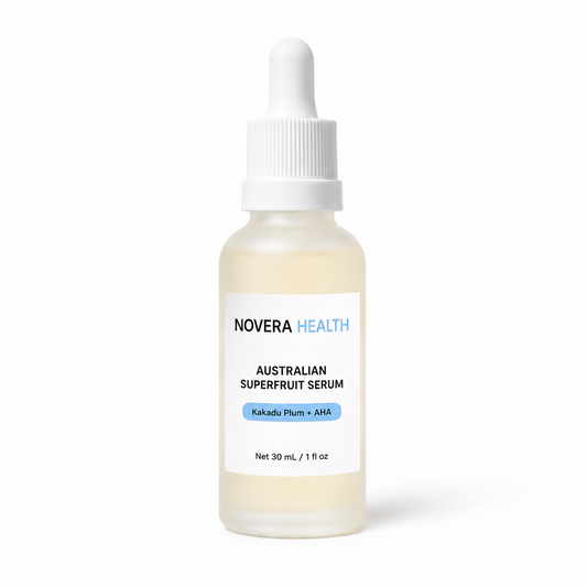 Novera Health Australian Superfruit Serum, 30mL dropper bottle with Kakadu Plum and AHA exfoliant, on a white background