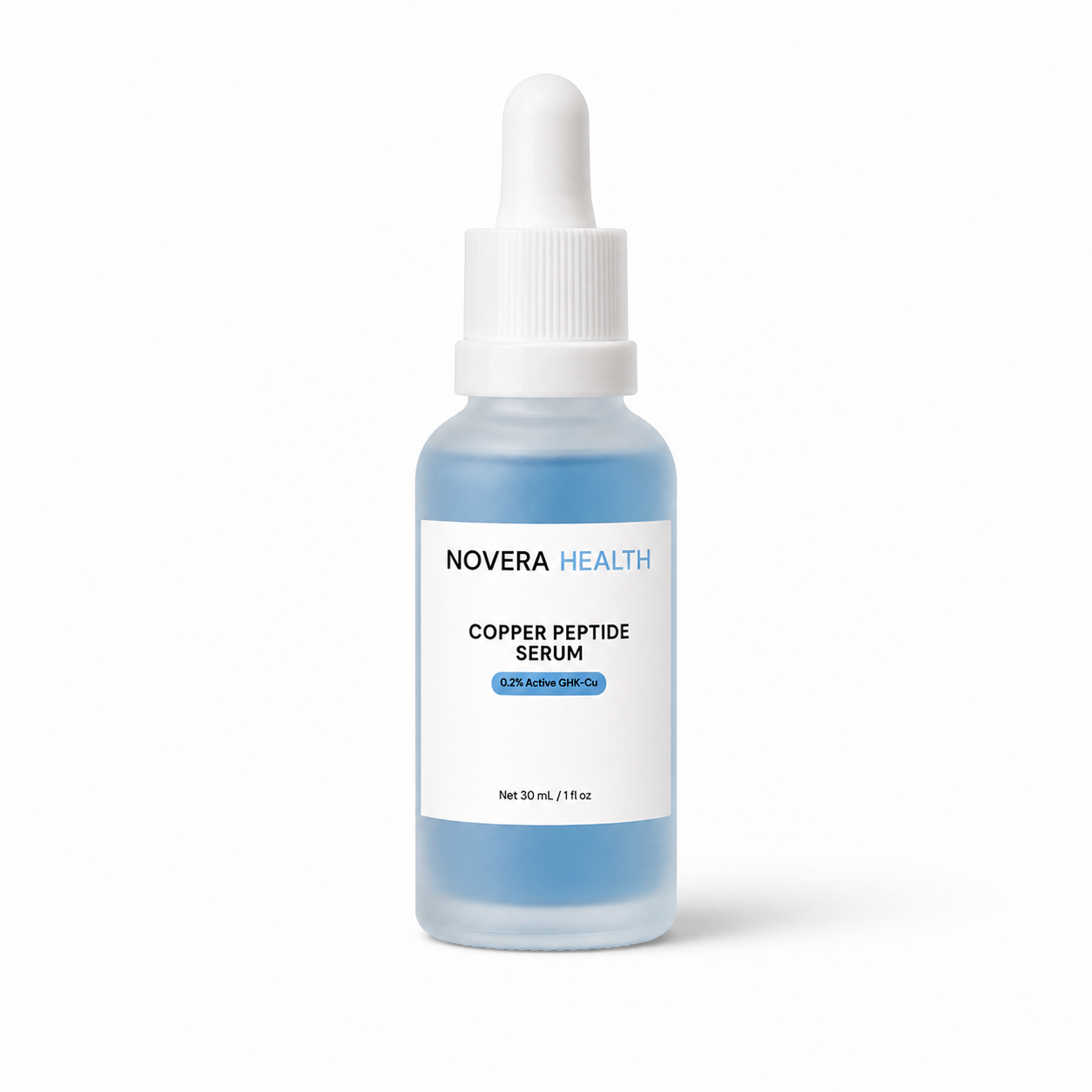 Novera Health GHK-Cu copper peptide serum, 30mL glass dropper bottle with 0.2% active copper peptide, on a white background