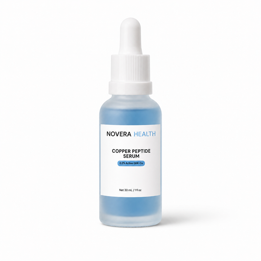 Novera Health GHK-Cu copper peptide serum, 30mL glass dropper bottle with 0.2% active copper peptide, on a white background