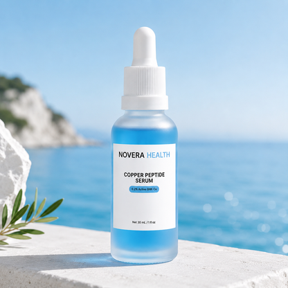 Novera Health GHK-Cu copper peptide serum bottle, close-up product photo showing 0.2% active copper peptide label