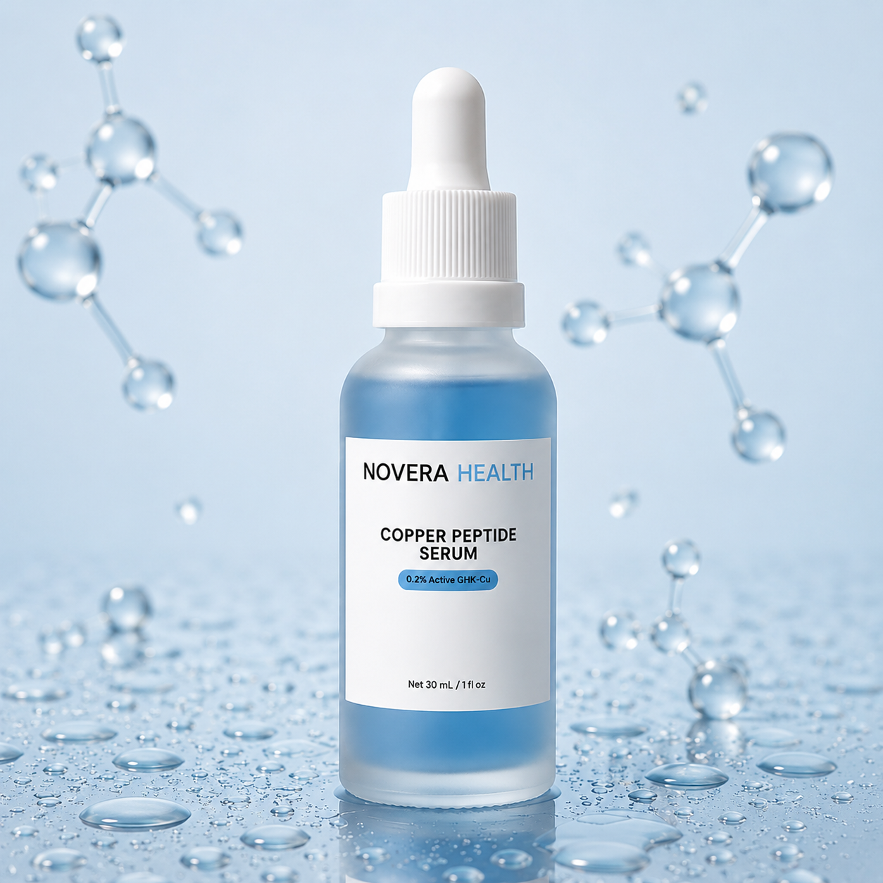 Novera Health GHK-Cu copper peptide serum bottle with dropper, Australian skincare for fine lines and skin elasticity
