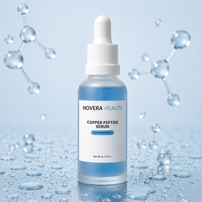 Novera Health GHK-Cu copper peptide serum bottle with dropper, Australian skincare for fine lines and skin elasticity