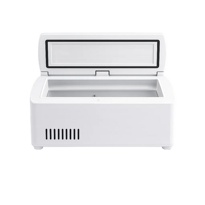 White Novera Health mini fridge precision cooler with open door on a white background
